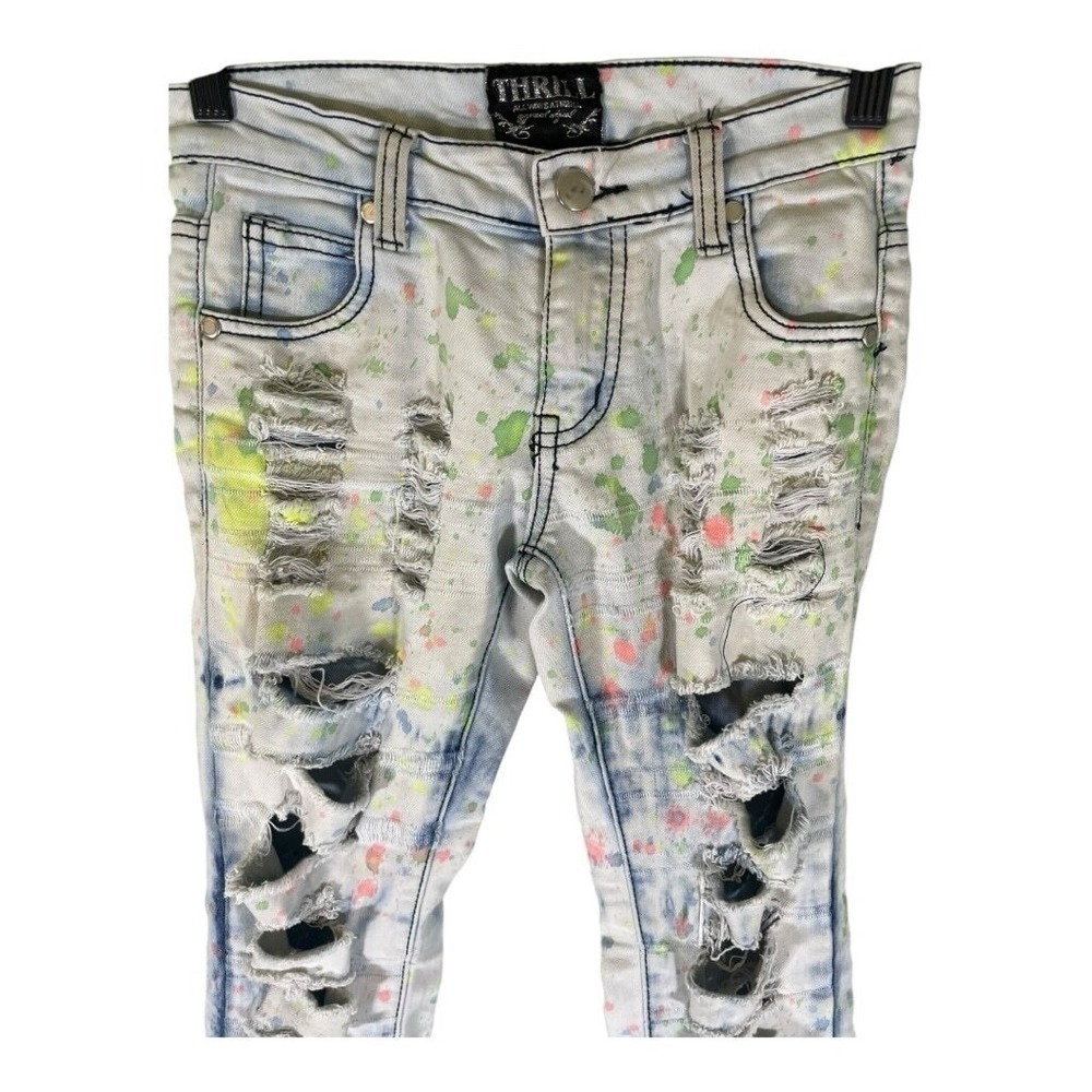 Thrill Jeans Girls Distressed Shredded Trendy Size 8 Unique Cool Paint Splatter